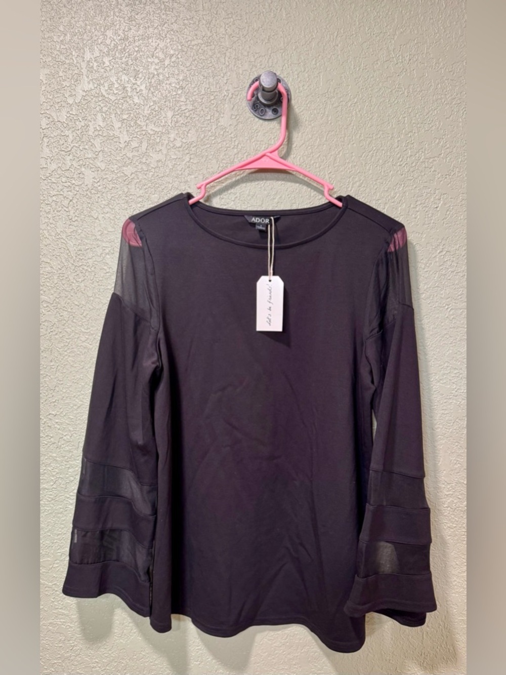 ADOR Black Long Sleeve Top with Sheer Sleeve Panels NWT S